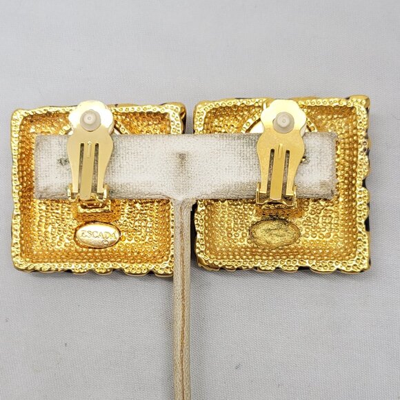 Vintage Signed Escada Square Goldtone & Blue Enamel Clip Earrings - Picture 10 of 11
